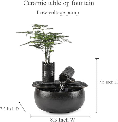 Ceramic Tabletop Fountain Water Feature Fall Indoor and Outdoor Decoration (Black Bamboo A151)