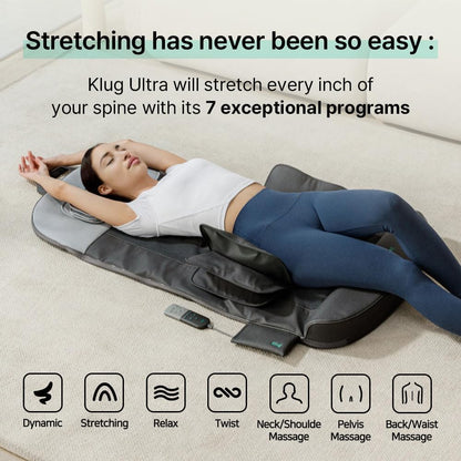 Klug Stretching Massager Ultra, Effortless auto-Stretching Mat, Ease Back & Neck Pain with 3 Intensity Levels 7 Exceptional Programs, 2 Levels of Heat Function, Foldable & Portable Design, Gray