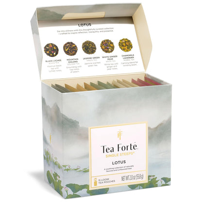 Tea Forte Single Steeps Loose Leaf Tea Sampler, Assorted Variety Tea Box, 15 Single Serve Pouches, Green Tea