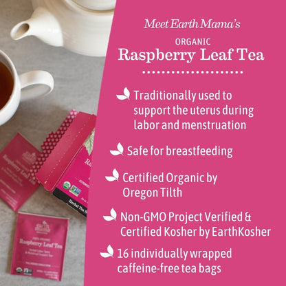 Earth Mama Organic Red Raspberry Leaf Tea | Labor Prep & Menstrual Support Herbal Tea, Pregnancy & Postpartum Care Recovery | 32 Teabags | Caffeine Free & Non-GMO