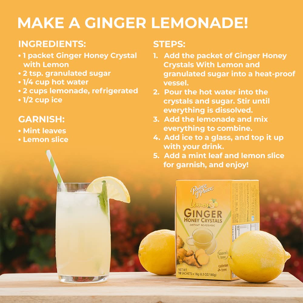 Prince of Peace Instant Natural Lemon Ginger Honey Crystals, 2 Pack of 10 Sachets – Instant Hot or Cold Beverage Relief and Soothes Throat – Easy to Brew Ginger and Honey Crystals