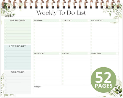 Weekly To Do List Notepad, 52 Sheets, Undated Weekly Planner, Letter Size | 8.5"x11", 100GSM, Thick Paper, Twin-Wire Spiral Bound, Tear Off Desk Pad, For Women & Man, Home School & Office Work