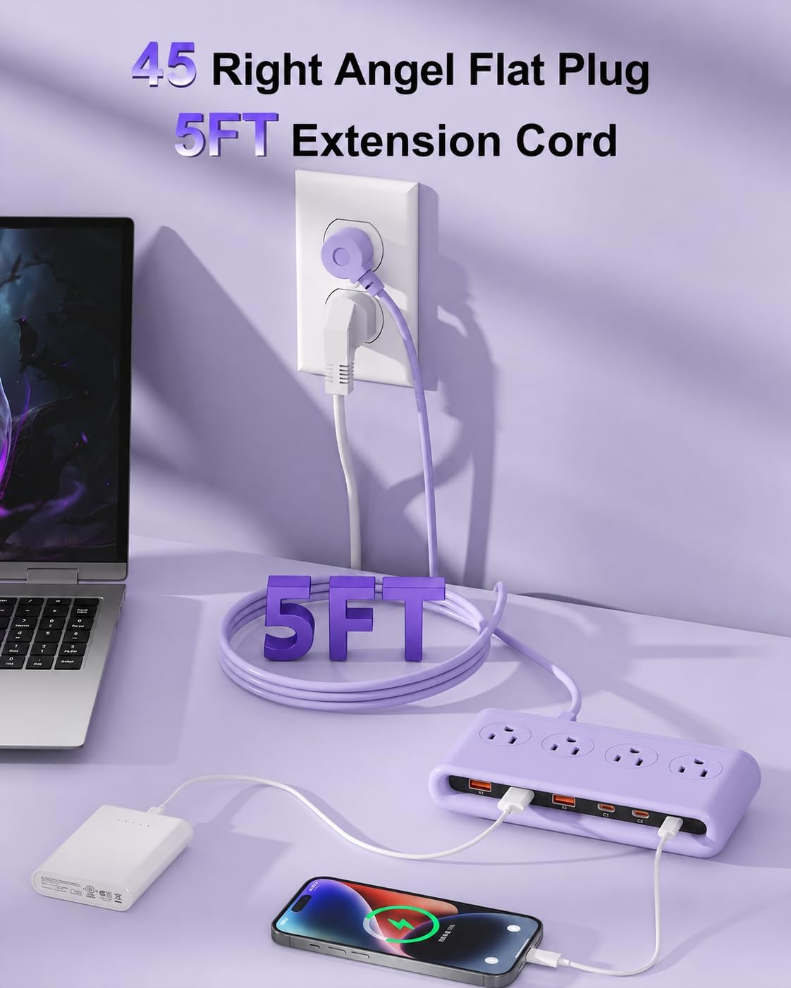 Power Strip with USB Port - 4AC & 6 USB(3USB C), Outlet Extender 5FT