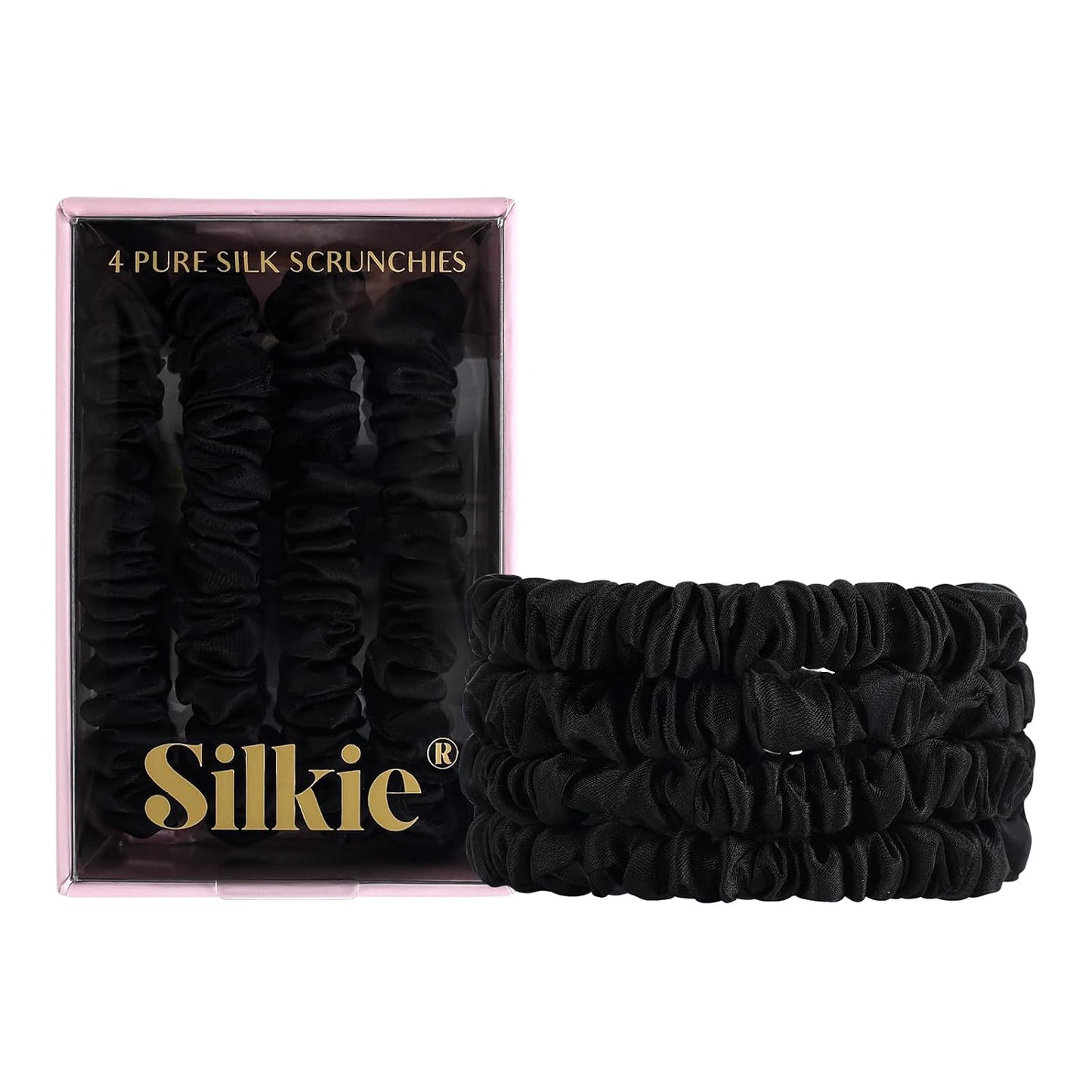 SILKIE x4 Set - Forget Satin - 100% Pure Mulberry Silk Black Brown Skinny Scrunchies Travel Pouch Everyday Hair Ties Elastics Hair Care Ponytail Holder No Damage (Chocolate)