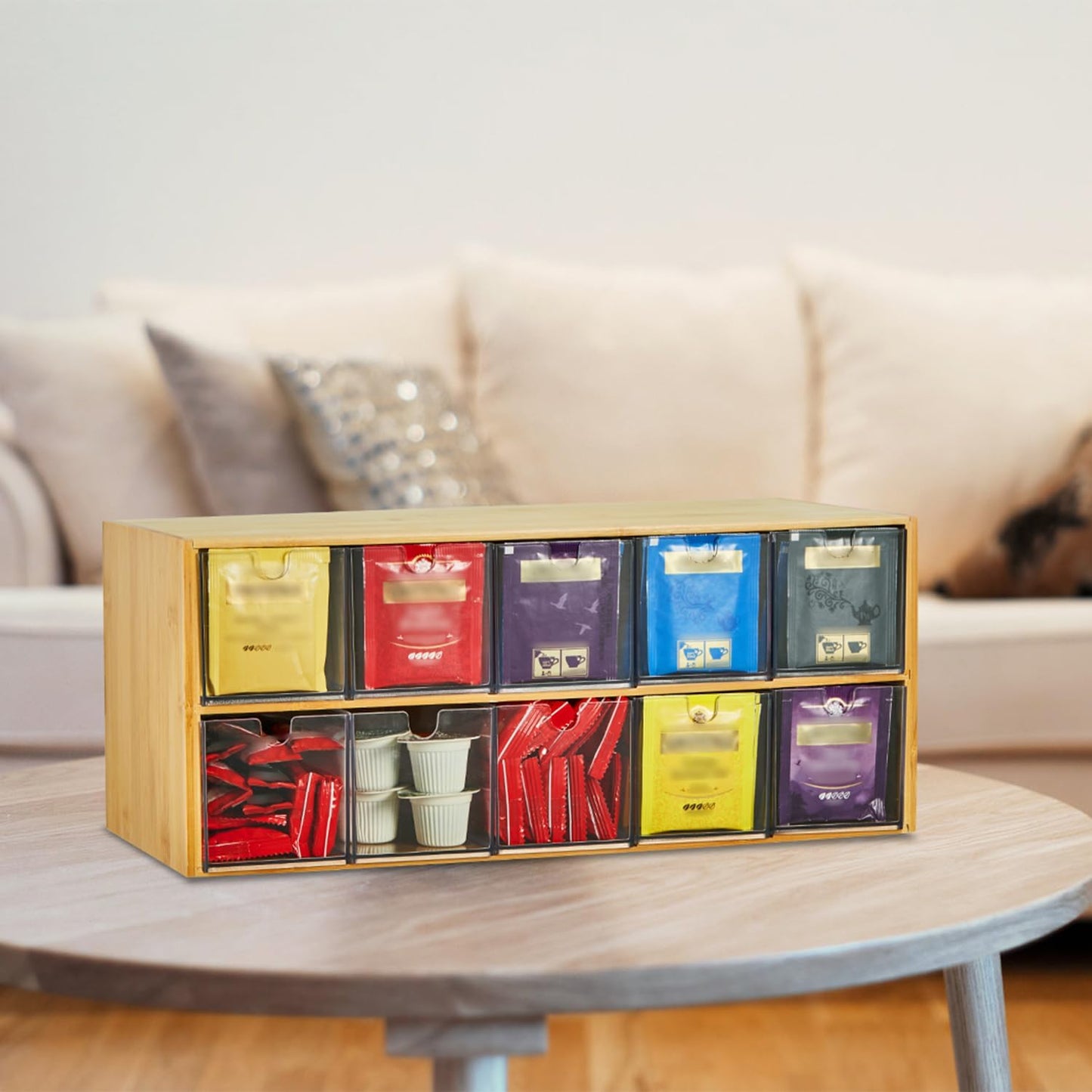 TIMIEEYA Tea Bag Organizer - Bamboo Tea Storage With Drawer 3 Layer, Organizer for Tea Bags Natural Wood & Acrylic for Countertop Office Kitchen Cabinet Pantry