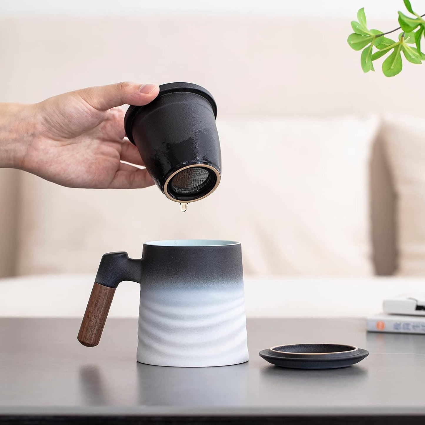 ZENS Embossed Ceramic Tea Mug with Infuser and Lid, 14.5 oz Wooden Handle, Loose Leaf Tea Steeper Cup & Strainer for Tea Lovers Gifts