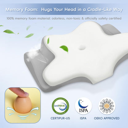 Cervical Neck Pillow, Memory Foam Pillows for Neck & Shoulder Pain Relief, 2 Heights Ergonomic Pillow with Breathable Ice Silk Cover, Neck Support Pillow for Stomach Sleepers Grey