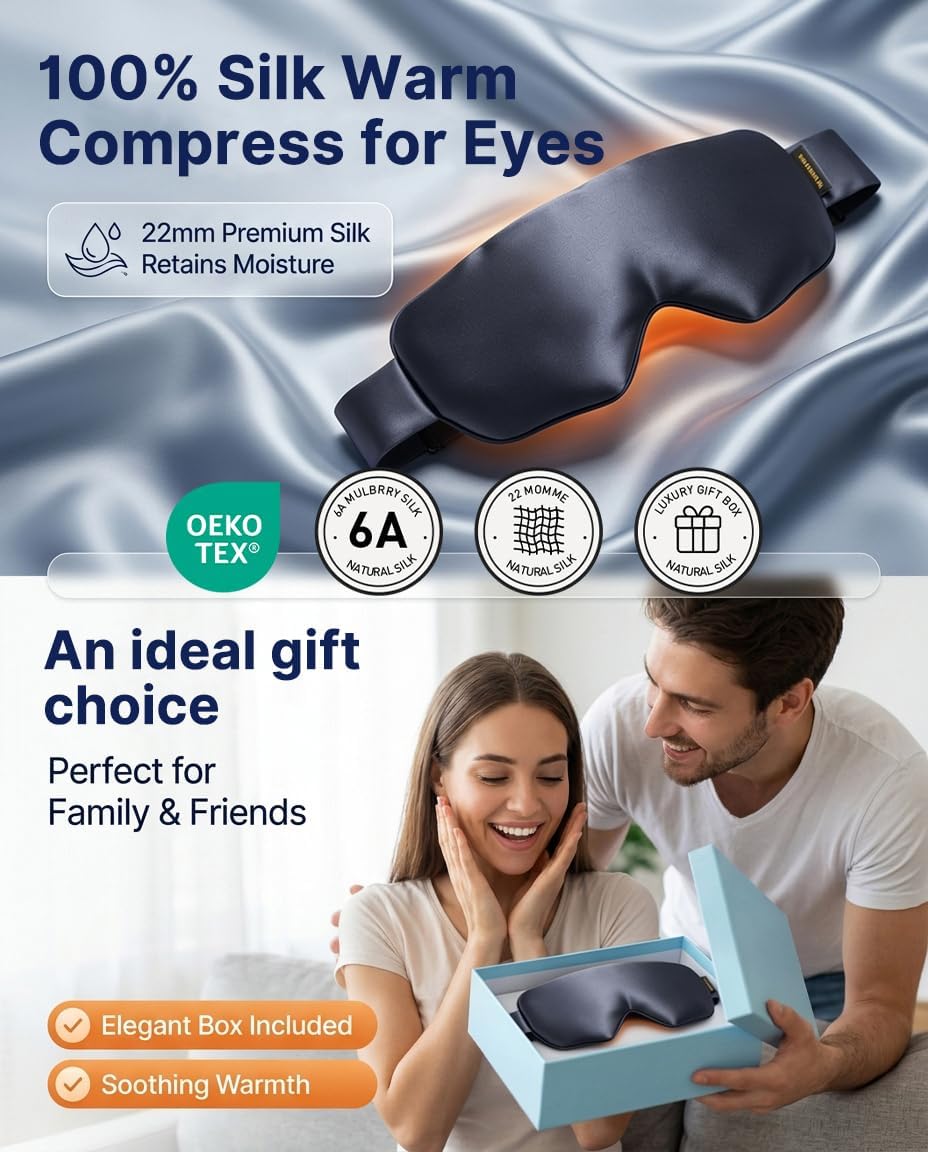 Heated Eye Mask for Dry Eyes, USB Powered Silk Warm Eye Compress & Eye Heating Pad, Washable Dry Eye Mask with 3 Heat & 4 Timer Settings for Blepharitis Stye Migraine Sinus MGD Puffiness（Blue）