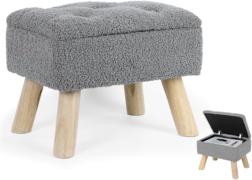 OGEMXU Storage Ottoman, Small Foot Stool Ottoman with Storage, Boucle Teddy Velvet Foot Rest with Padded Seat, Sturdy Wood Legs Stool for Living Room, Bedroom, Couch, Enterway (Cream)