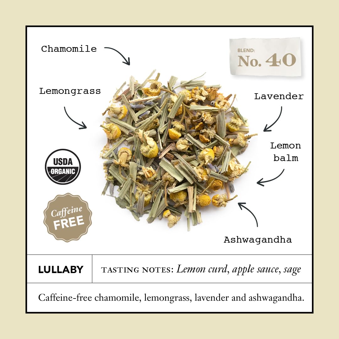 Steven Smith Teamaker Lullaby No. 40, Chamomile, Lemongrass, Lavender, Ashwagandha, Caffeine-Free, Organic Relaxing & Bedtime Wellness, Sugar-Free, Herbal Tea Bags, 15 Sachets, 0.95oz each