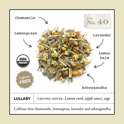 Steven Smith Teamaker Lullaby No. 40, Chamomile, Lemongrass, Lavender, Ashwagandha, Caffeine-Free, Organic Relaxing & Bedtime Wellness, Sugar-Free, Herbal Tea Bags, 15 Sachets, 0.95oz each
