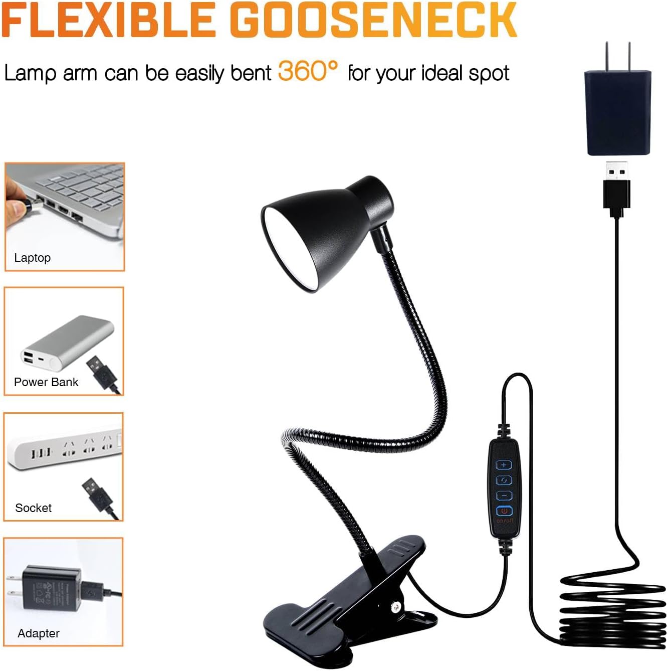 CRI 90+ Eye-Care Clip Light for Reading, 6W Small Clamp Lamp for Desk, Flexible Gooseneck Clip Lamp for Bed Headboard with 3 Color Modes & 10 Brightness(Adapter Include)