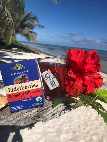 Herbal Cup Ayurveda Elderberries Tea, Organic Rosehips Hibiscus, No Caffeine Herbal Supplement (16 Count, Pack of 6)