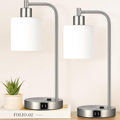 Set of 2 Industrial Touch Control Table Lamps with USB C+A Ports and AC Outlet - 3-Way Dimmable Black Bedside Lamps Nightstand Desk Lamps for Bedroom Living Room, Glass Shade & 2 LED Bulbs Included