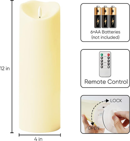 Homemory 6"x3" Outdoor Waterproof Flameless Candles, LED Candles, Battery Operated Candles with Remote and Timers, Electric Fake Plastic Pillar Candles, Ivory White, Set of 2