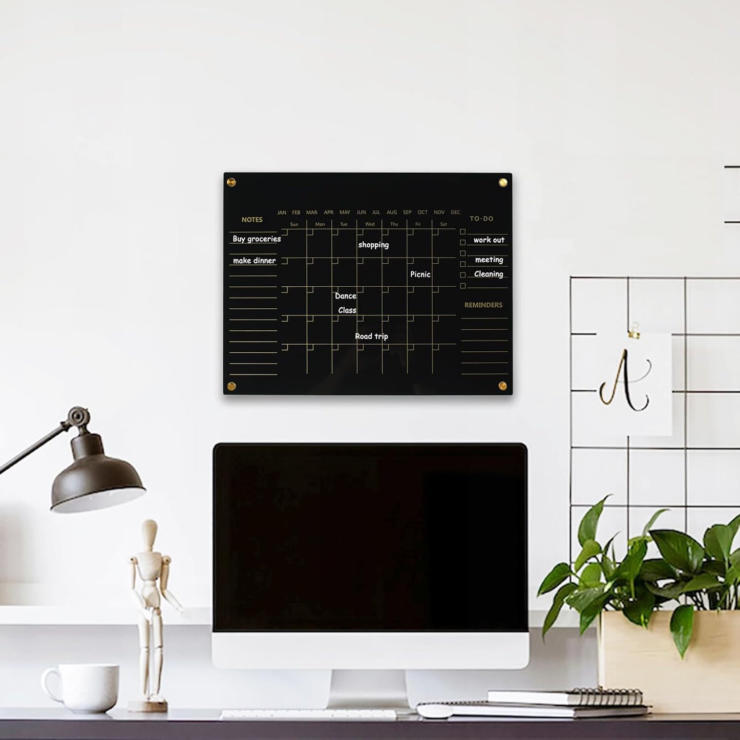 Black Acrylic Calendar Dry Erase for Wall, Family Planner, Monthly Calendar Dry Erase Whiteboard for Home, Office, 17" x 13"Reusable White Board(Acrylic-BK-3343)