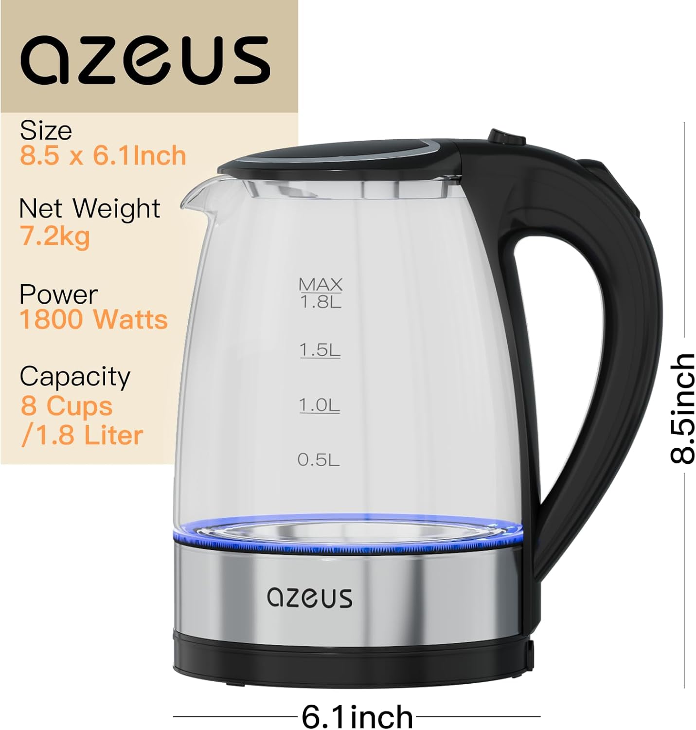 AZEUS Electric Kettle 1800W Cool Touch Tea Kettle Anti-scalding Design 1.8L Large Capacity Kettle BPA-Free, White