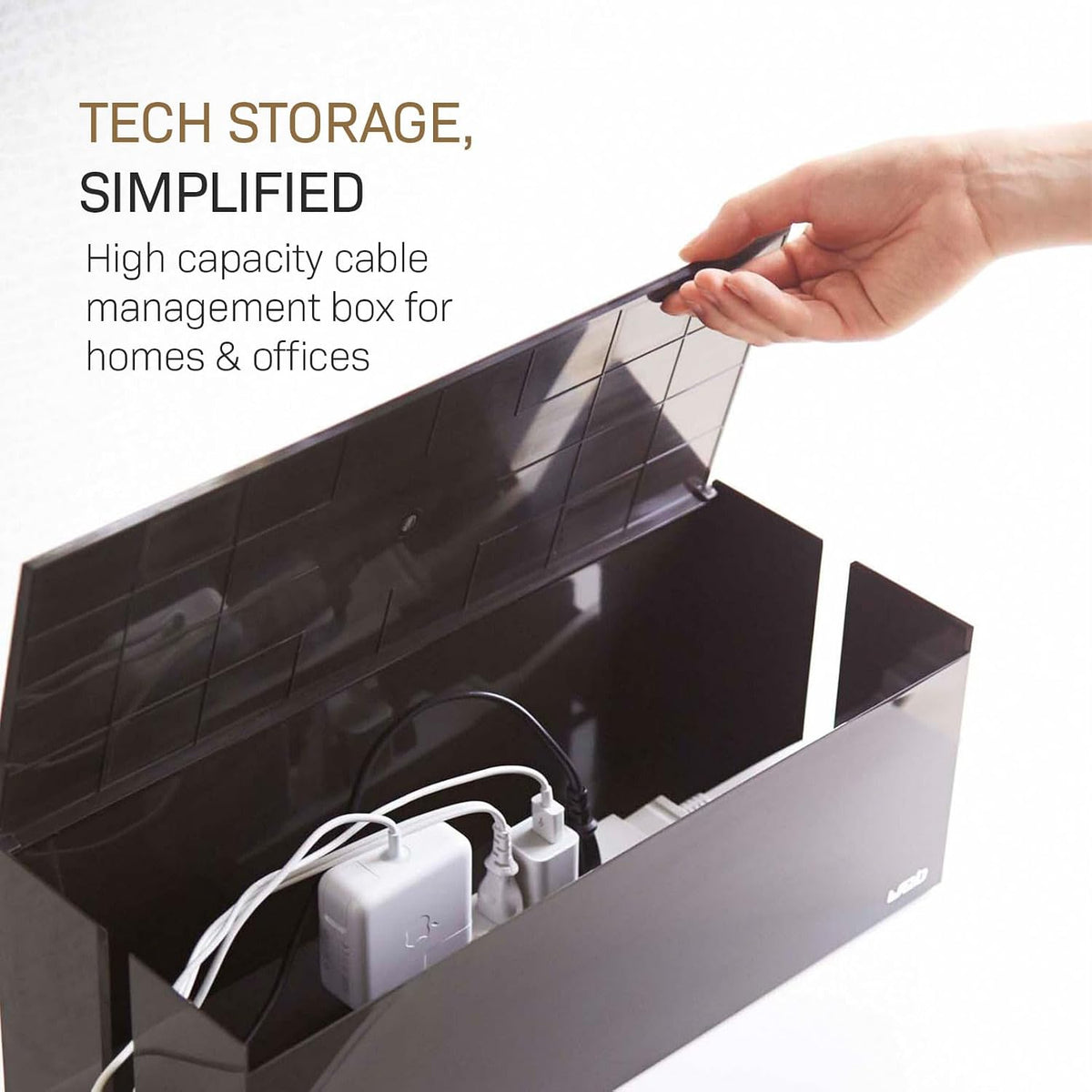 Yamazaki Home Cable Management Box – Cord Organizer Box with Lid, Minimalist Cable Storage for Office, ABS Plastic