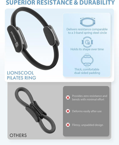 LIONSCOOL Pilates Ring Set – 14" Anti-Deformation Magic Circle with Padded Handles, Mini Ball, Resistance Bands, Guide & Bag