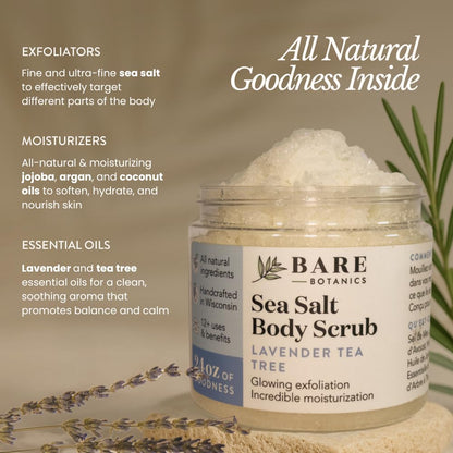 Bare Botanics Coconut Vanilla Body Scrub 24oz | Made in Madison, WI | All Natural Sea Salt Exfoliator w/ Skin Loving Moisturizers | Vegan & Cruelty Free | Gift Ready Packaging w/ a Cute Wooden Spoon