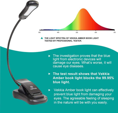 Vekkia Amber Rechargeable 7 - Led Eye - Care Book Light with Blue - Light Blocking, 3 Levels, 1600K for Eye - Friendly Use. Offers Up to 70 Hours of Reading