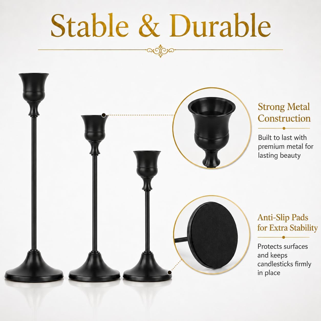 Candle Holder Set of 3, with 3 Flameless Candles & 1 Remote(Gold) | Taper Candle Holders, Metal Non Slip Stable Base, for Home Decor, Holiday Party, Pet & Kid Friendly