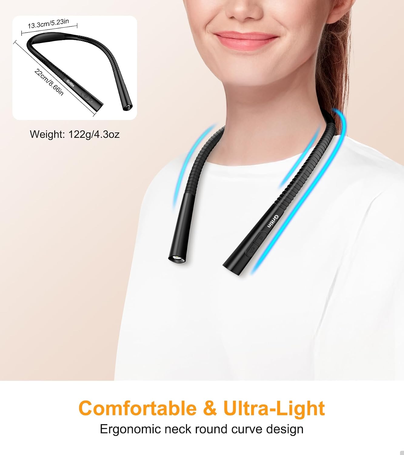 Gritin Book Light, Eye Caring 4-Color & 5-Brightness Neck Light Reading Light- Stepless Dimming,30-min Timer,80+ Hrs Runtime,Bendable Round Neck Design, Lightweight for Reading, Knitting, Repairing