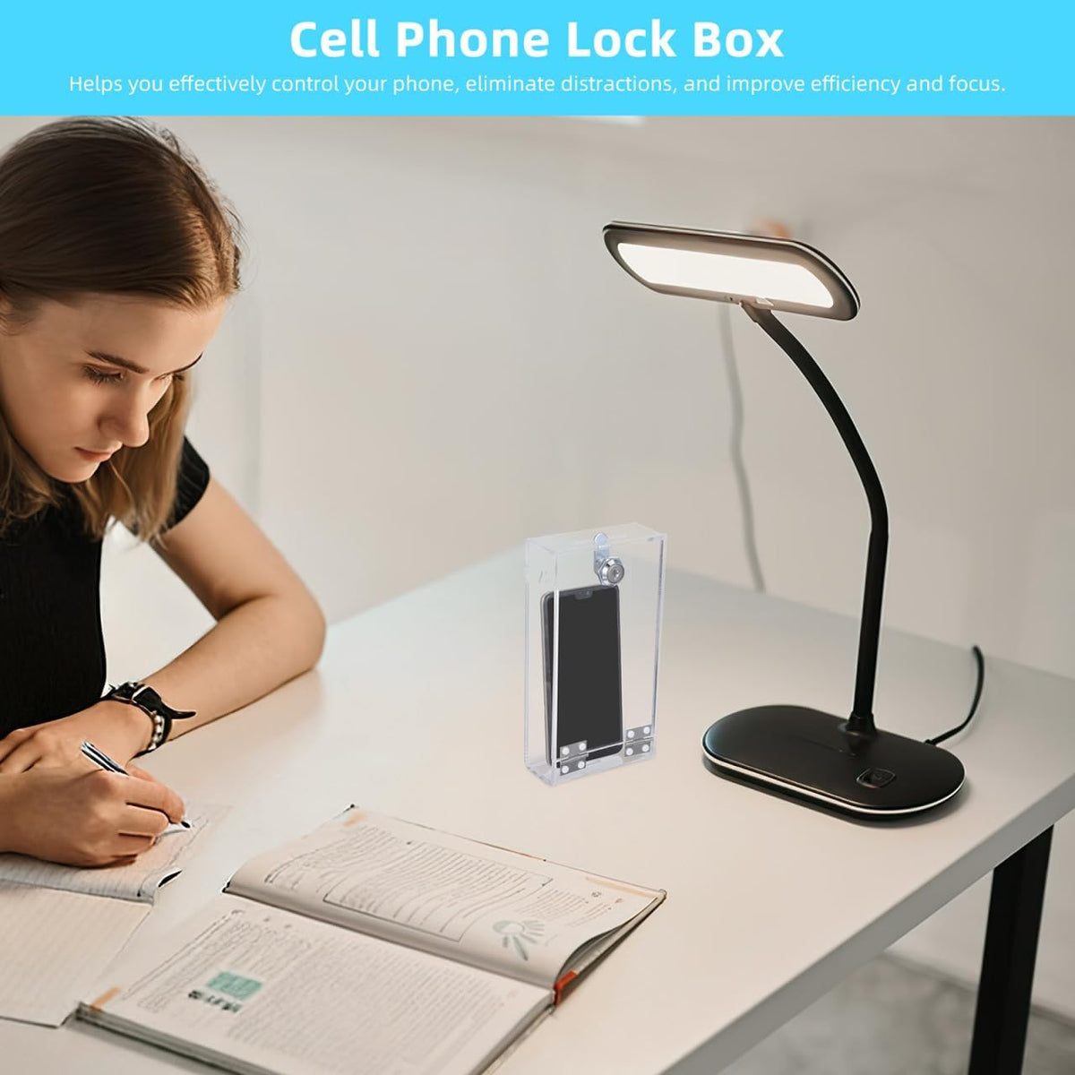 STOBOK Cell Phone Locker Box, Clear Acrylic Phone Jail Lock Box with 2 Keys, Self-Control Transparent Storage Container with Charging Port for Classroom Home Office Use