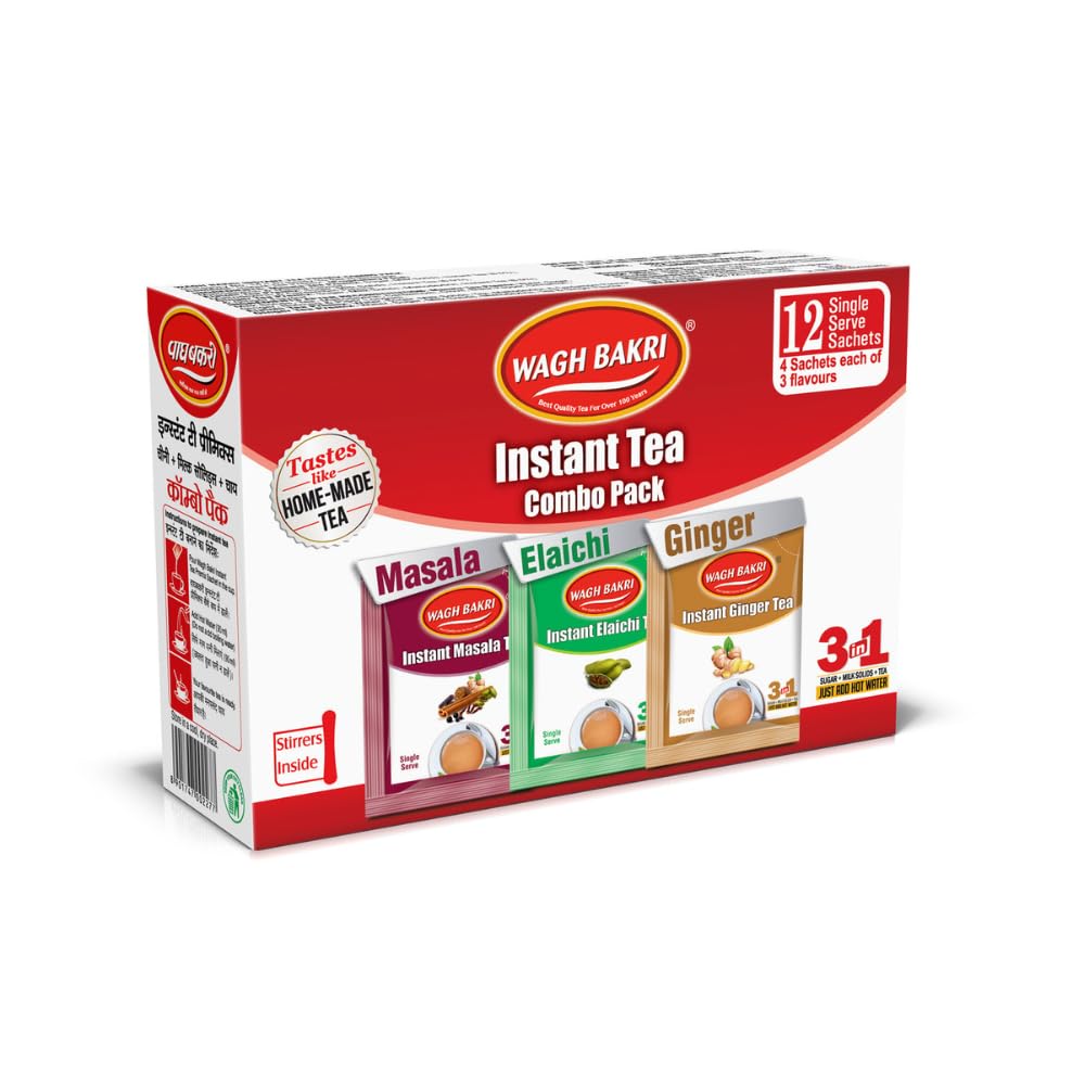 Wagh Bakri Instant Tea Premix, Masala, Cardamom & Ginger - 4 Sachets Each, Total 12 Sachet [International Pack]
