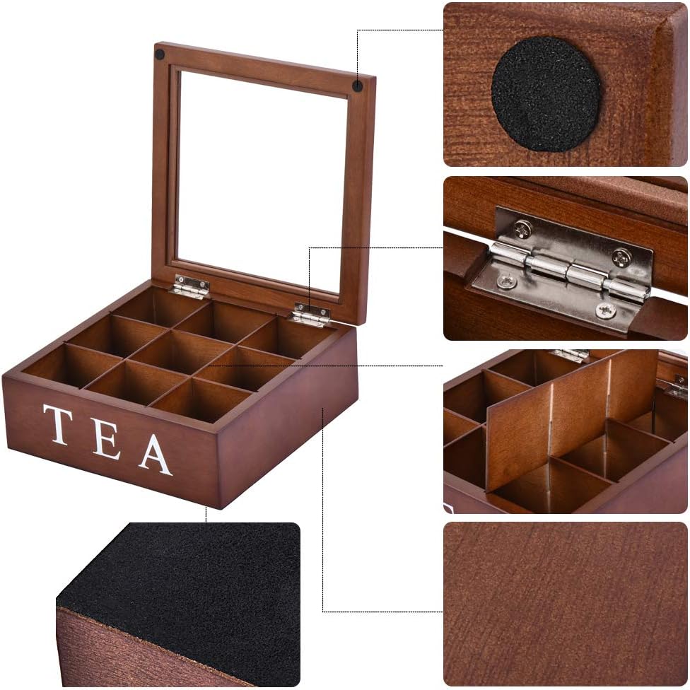 Wood Tea Storage Box, Teabag Storing 9 Compartments Wooden Tea Box Hinged Glass Lid Tea Organizer-Black