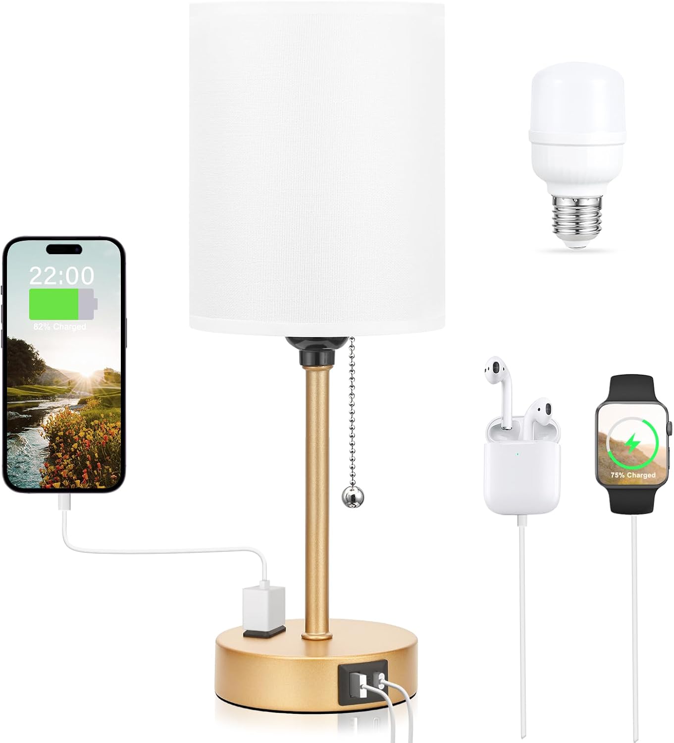 Small Bedside Table lamp for Bedroom - 3 Color Temperatures Bedside Lamps with USB C and A Ports, Pull Chain Table Lamps with AC Outlet, White Nightstand Lamps with Black Metal Base for Kids Reading