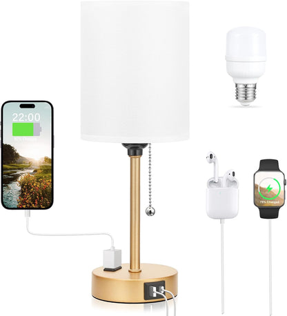 Small Bedside Table lamp for Bedroom - 3 Color Temperatures Bedside Lamps with USB C and A Ports, Pull Chain Table Lamps with AC Outlet, White Nightstand Lamps with Black Metal Base for Kids Reading