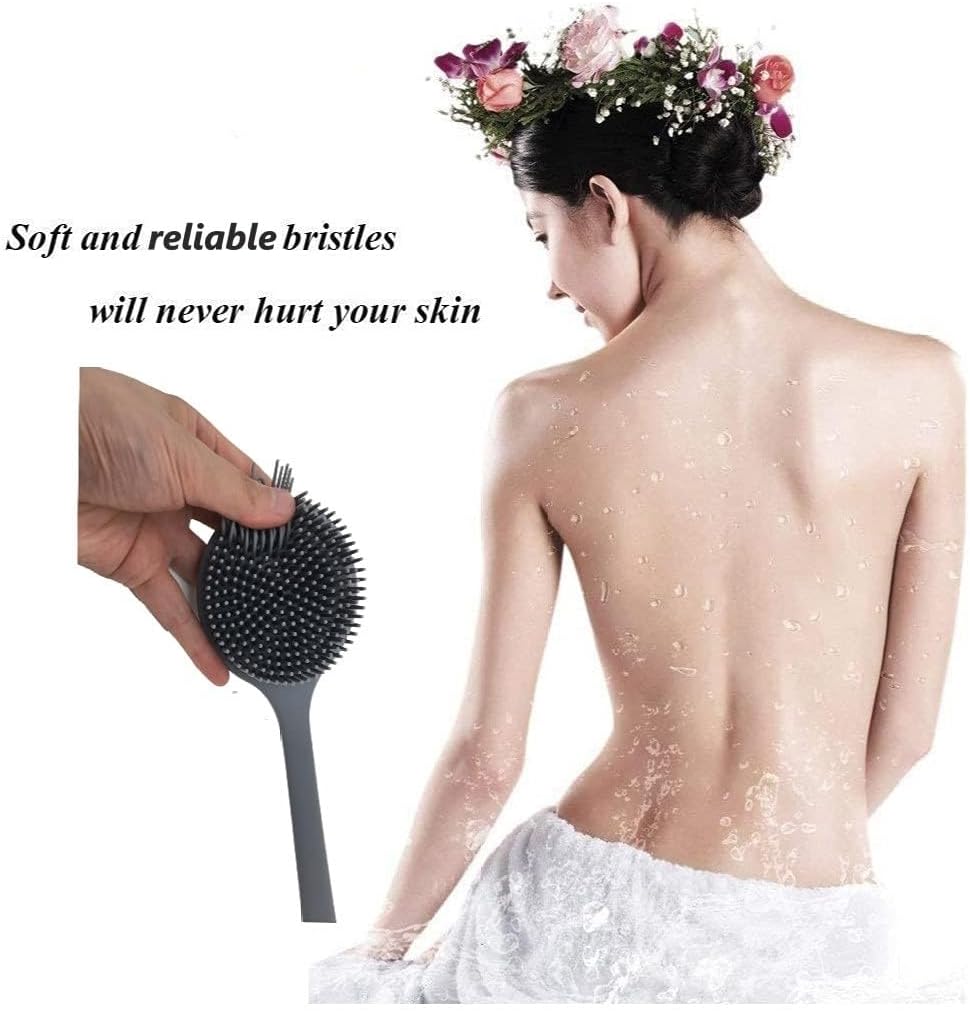 Long Handle Silicone Body Scrubber for Shower, Dual-Sided Back Scrubber Brush with Soft Bristles&Massage Nodes, Exfoliating Bath Brush for Hard to Reach Areas, Easy to Clean & Quick Dry, for Daily Use