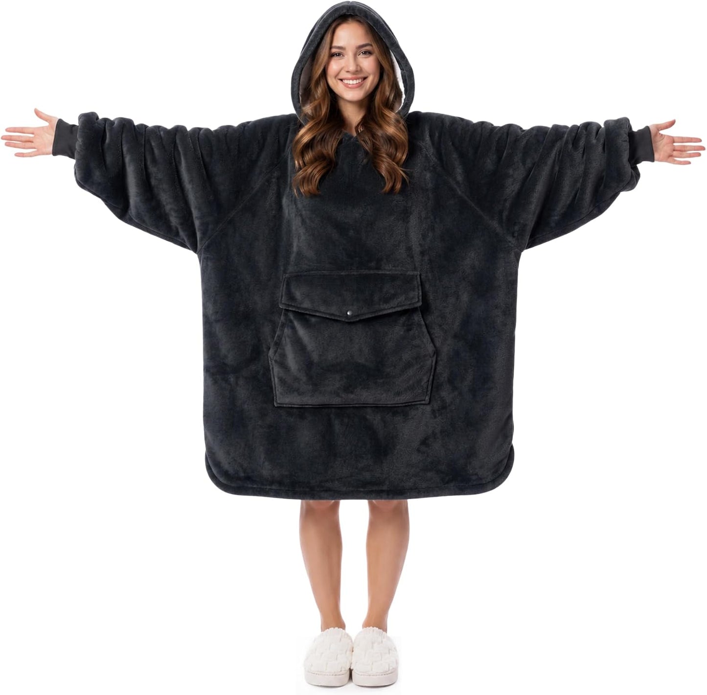 Krifey Wearable Blanket Hoodie, Oversized Sherpa Hooded Blanket for Adults | Soft sherpa fleece with sleeves and pocket; oversized fit for lounging, WFH, camping, Christmas and white elephant gifts.