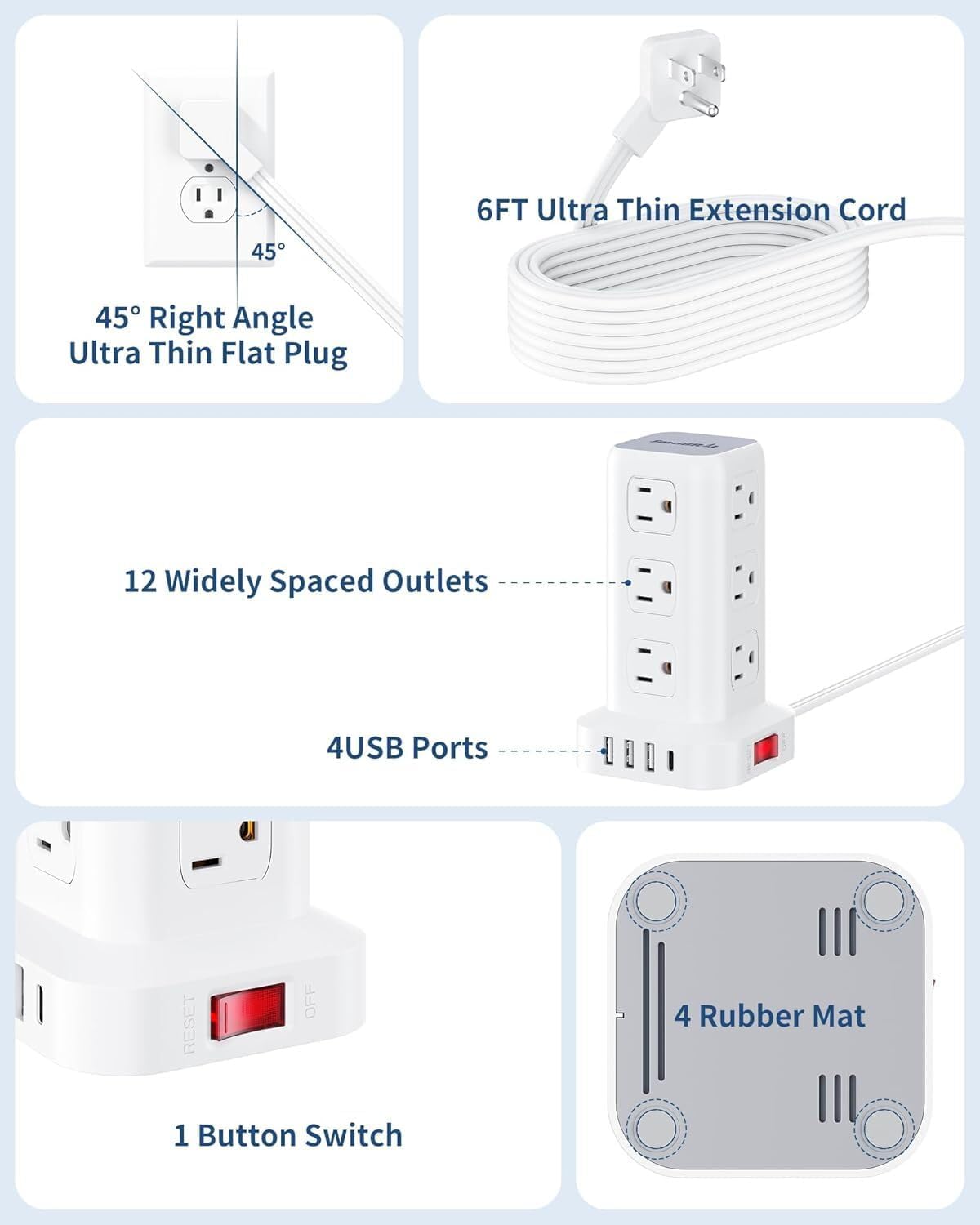 Extension Cord with Multiple Outlets, SMALLRT Power Strip Tower, Outlet Extender with 12 AC Outlets 4 USB, 6.5FT Extension Cord for Home Dorm Room, Office Supplies,Overload Protection