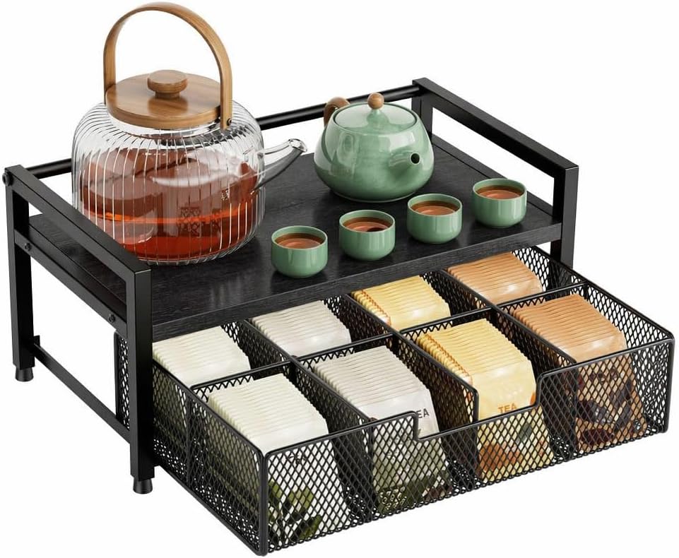 Tea Bag Organizer, Tea Bag Holder with Drawer, Wood and Metal Tea Organizers and Storage Chest for Countertop Kitchen, Office, Rustic Brown