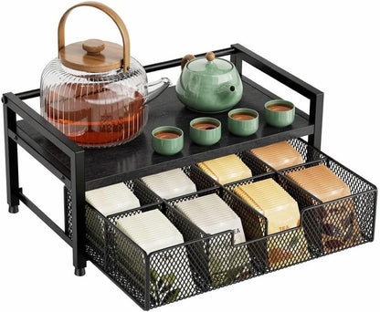 Tea Bag Organizer, Tea Bag Holder with Drawer, Wood and Metal Tea Organizers and Storage Chest for Countertop Kitchen, Office, Rustic Brown