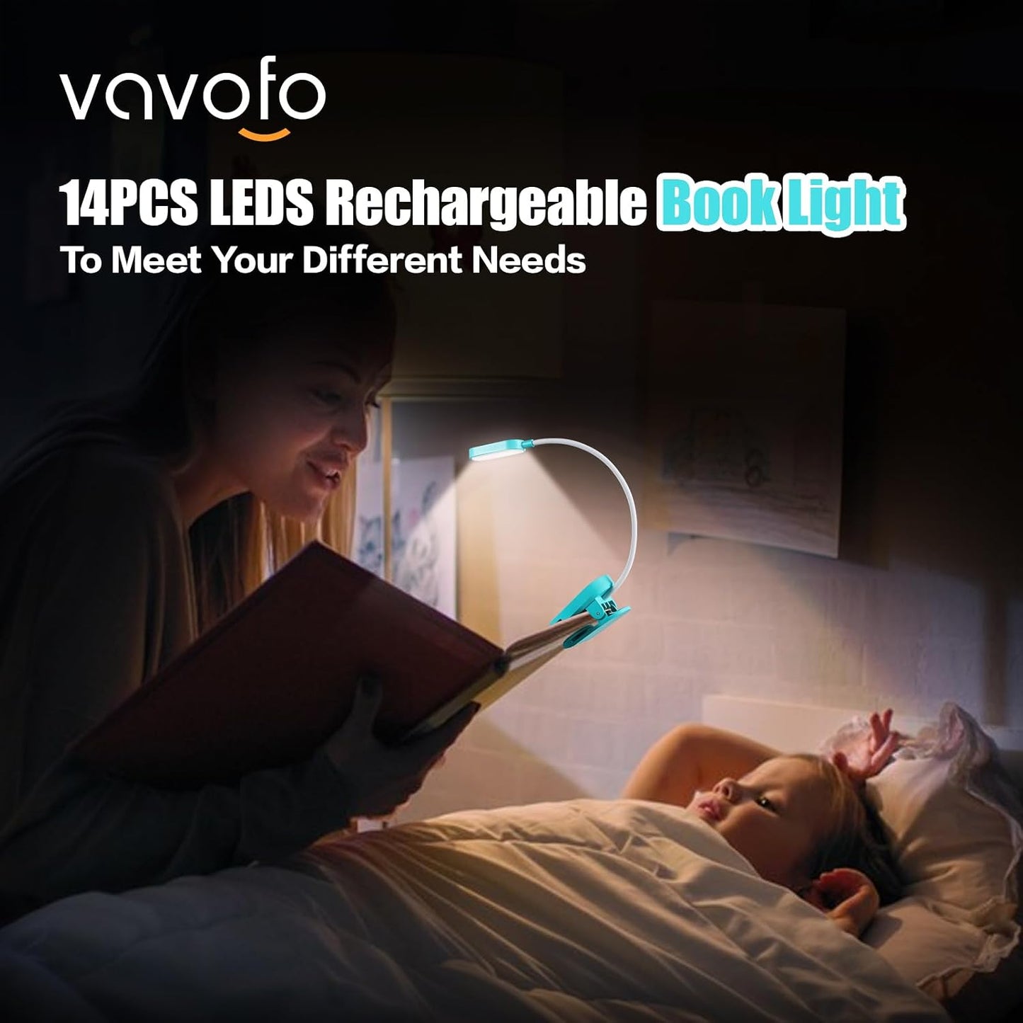 VAVOFO Rechargeable Book Light, 14 LEDs Eye Care Clip On Amber Reading Light for Bookworms Reading in Bed with 9 Colors 9 Brightness (White-Blue)