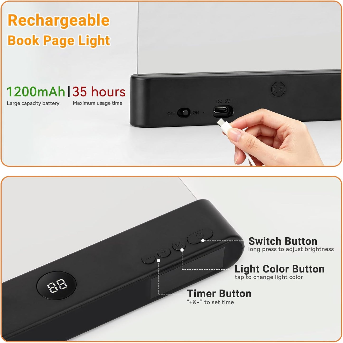Book Light, Rechargeable Clear LED Flat Reading Light with 3 Colors & Timer, Dimmable Panel Plate Lamp Book Full Page Light for Reading in Bed at Night, Funny Gifts for Readers Kids Women Men (White)