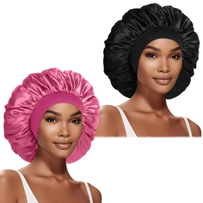 Extra Large Satin Bonnet Hair Cap for Women Men | 17inches, Jumbo Silk Sleep Cap, Wide Elastic Band for Braids Curly Hair Locs, Black