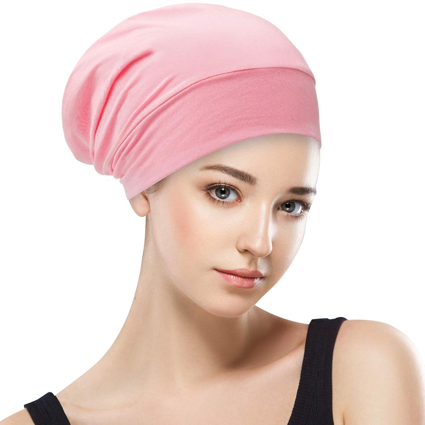 Silk Satin Lined Bonnet Sleep Cap - Adjustable Stay on All Night Hair Wrap Cover Slouchy Beanie for Curly Protection Women and Men Solid Black