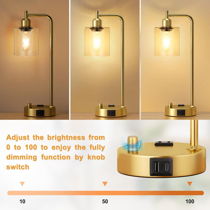 Industrial Table Lamps for Bedrooms Set of 2 - Fully Dimmable Bedside Lamps with USB A and C Ports and Outlet, Black Nightstand Lamps with Glass Shade for Living Room, Desk Lamps for Office Reading