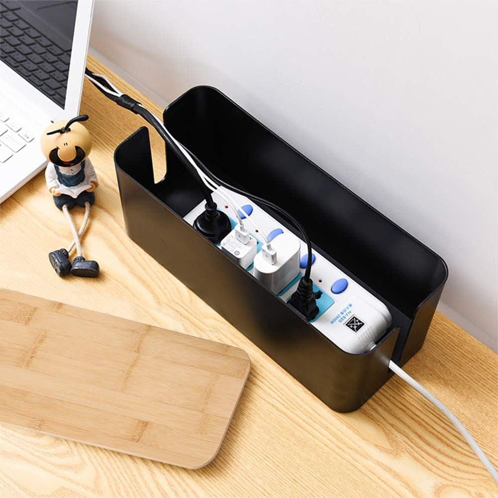 PowerKing Cable Management Boxes Organizer, Bamboo Lid, Large Storage Wires Keeper Holder for Desk, TV, Computer, USB Hub, System to Cover and Hide & Power Strips & Cords (Ice White)