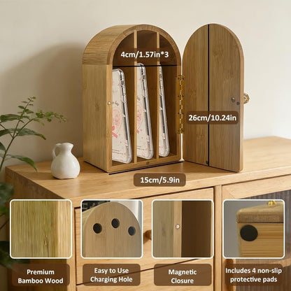 Phone Box for Family Time - Decorative Cell Phone Jail Holds Up to 6 Phones, Magnetic Closure & Charging Holes Bamboo Phone Lock Box Help Kids Adults Focus Back Mobile Phone Addiction
