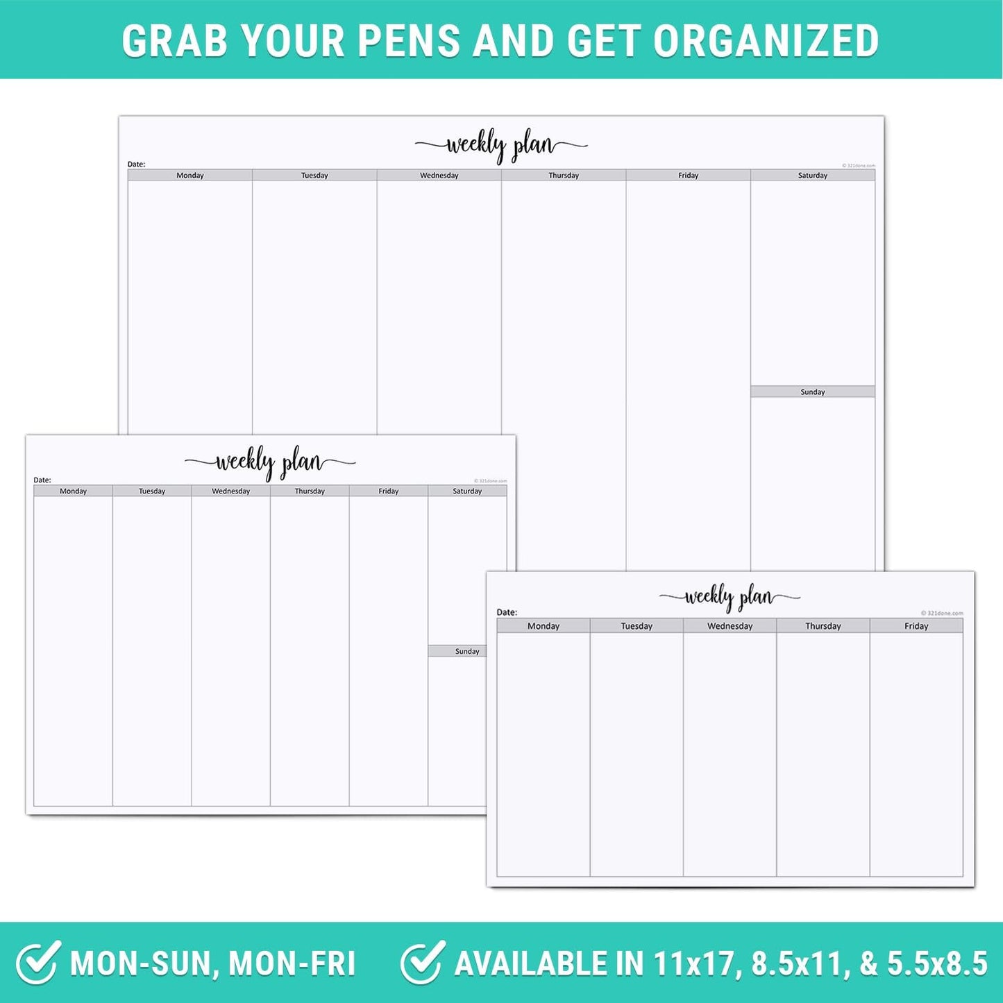321Done Undated Weekly Planner Notepad, Jumbo 11x17 Desk Pad - 50 Tear-Off Sheets, Weekday Monday-Friday Schedule, Daily Task Planner for Home, Office & Student Use - Made in USA