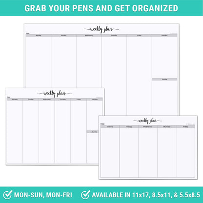 321Done Undated Weekly Planner Notepad, Jumbo 11x17 Desk Pad - 50 Tear-Off Sheets, Weekday Monday-Friday Schedule, Daily Task Planner for Home, Office & Student Use - Made in USA