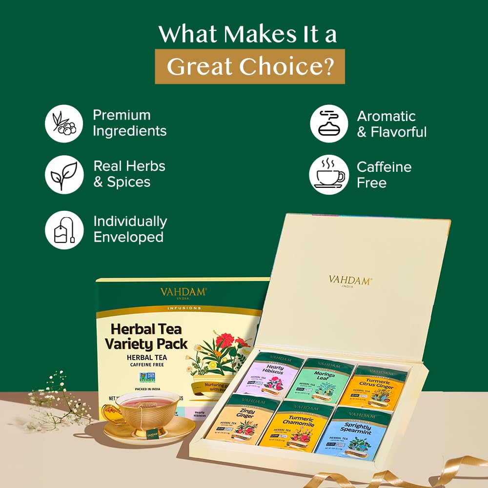 VAHDAM, Assorted Herbal Tea Gift Set (36 Tea Bags, 6 Flavors) Caffeine-Free, Non-GMO | Double Infusion, Individually Enveloped Tea Bags | Herbal Tea variety Pack | Tea Gifts for Women & Men