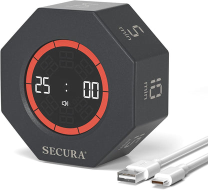 Secura Pomodoro Timer for ADHD & Productivity, Flip Cube Timer with 7 Presets (5/10/15/20/25/50/90 Min), Visual Countdown Progress Bar for Work, Study, Kids & Desk (Dark Gray)