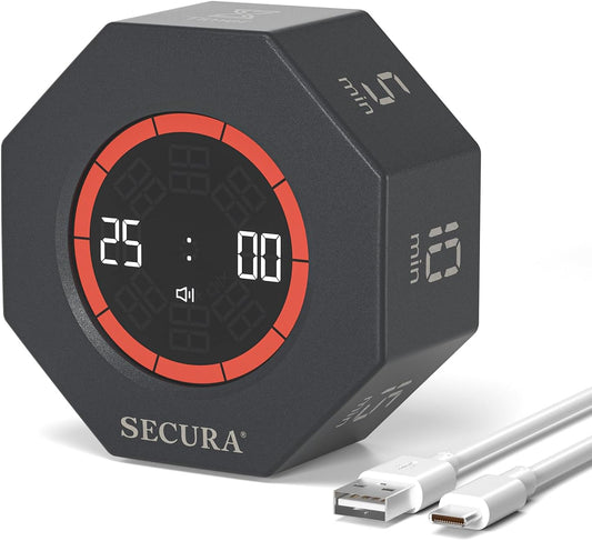 Secura Pomodoro Timer for ADHD & Productivity, Flip Cube Timer with 7 Presets (5/10/15/20/25/50/90 Min), Visual Countdown Progress Bar for Work, Study, Kids & Desk (Dark Gray)