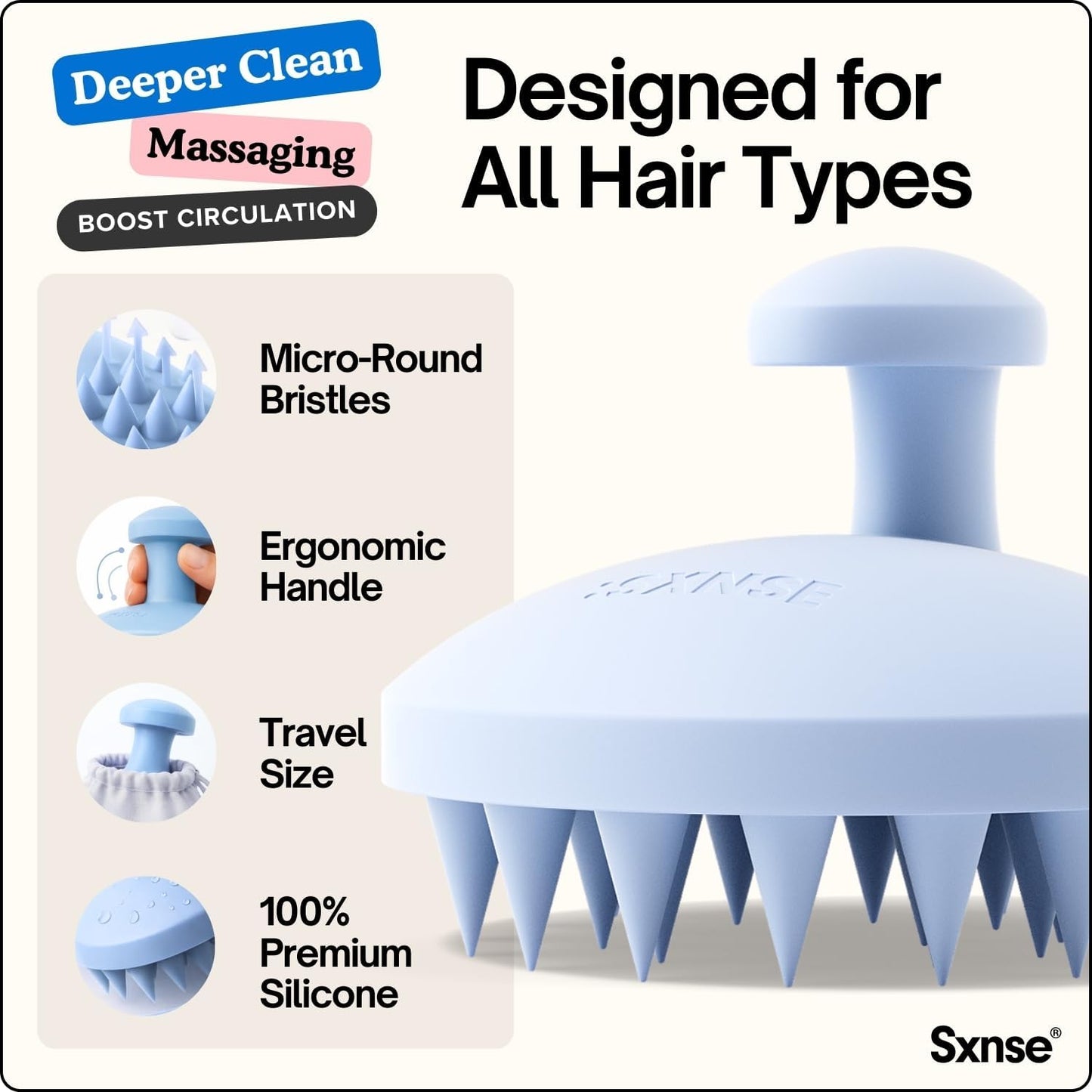 SXNSE - Revive Silicone Scalp Massager, Arctic - Manual Hair & Scalp Scrubber for Dandruff, Buildup, Itch, & Hair Growth - Soft Exfoliating Silicone Bristles for Wet & Dry Hair, Flake-Free Finish